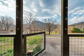 Blick durch ein Metallgitter auf einen gepflasterten Weg, der zu einer grünen Fläche mit Bäumen und Bergen im Hintergrund führt.