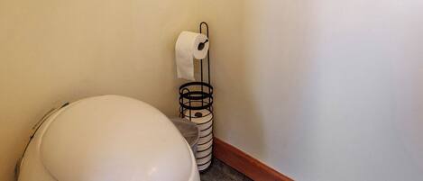 Et lille badeværelse med toilet, papirhåndklædeholder og skraldespand.