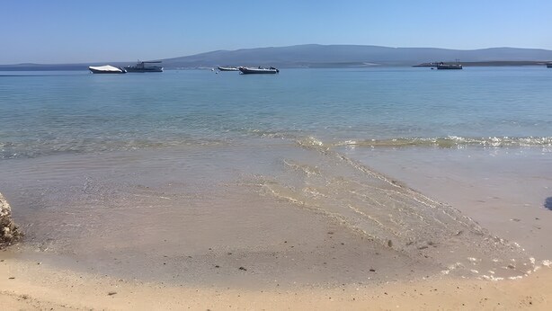 Uma praia com águas calmas, barcos e montanhas ao longe.
