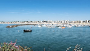 A marina with numerous boats docked, a rocky breakwater, and buildings in the background.