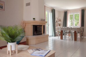 TV, fireplace, books