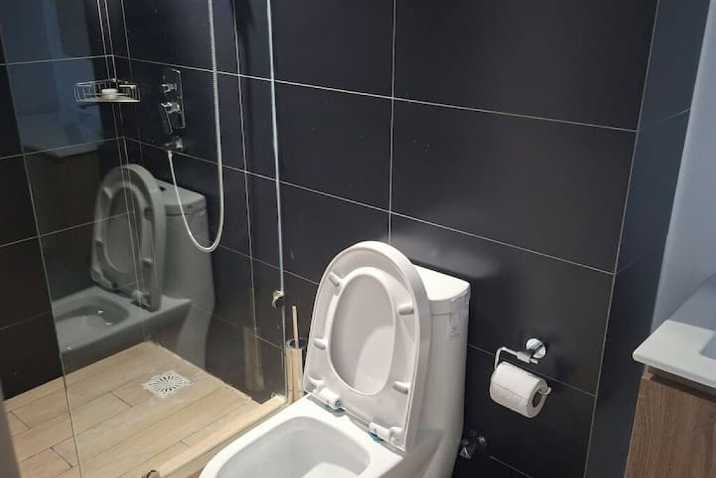 Regadera, toallas, jabón, papel de baño 