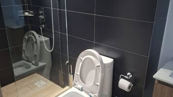 Regadera, toallas, jabón, papel de baño