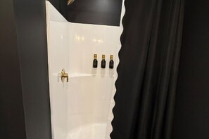 Regadera, secadora de cabello, toallas, jabón