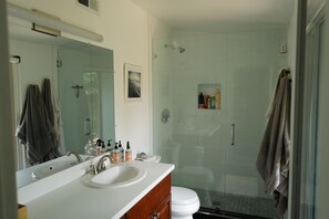 Shower, hair dryer, towels, soap - MIDCENTURY Valley Home (Los Angeles)
