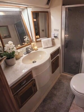 Shower, towels, soap, toilet paper