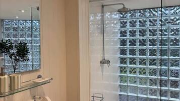 Shower, hair dryer, towels, shampoo