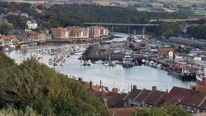 A harbor with boats, a bridge, and buildings in the background.