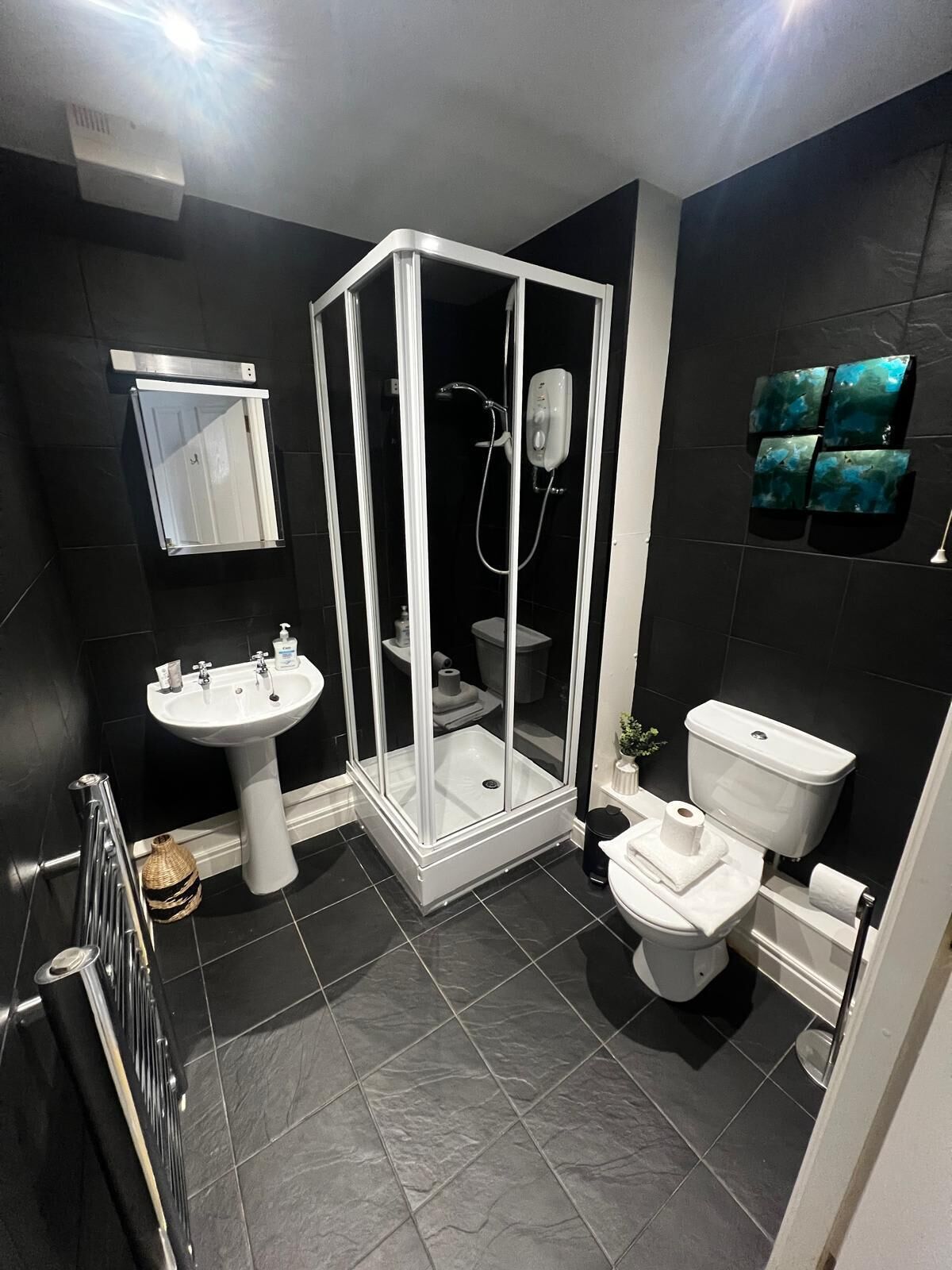 Shower, hair dryer, towels, shampoo