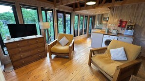 Um quarto acolhedor com pisos de madeira, dois sofás com almofadas, um aparador de madeira, uma televisão e uma cozinha equipada com máquina de lavar e pequena geladeira.