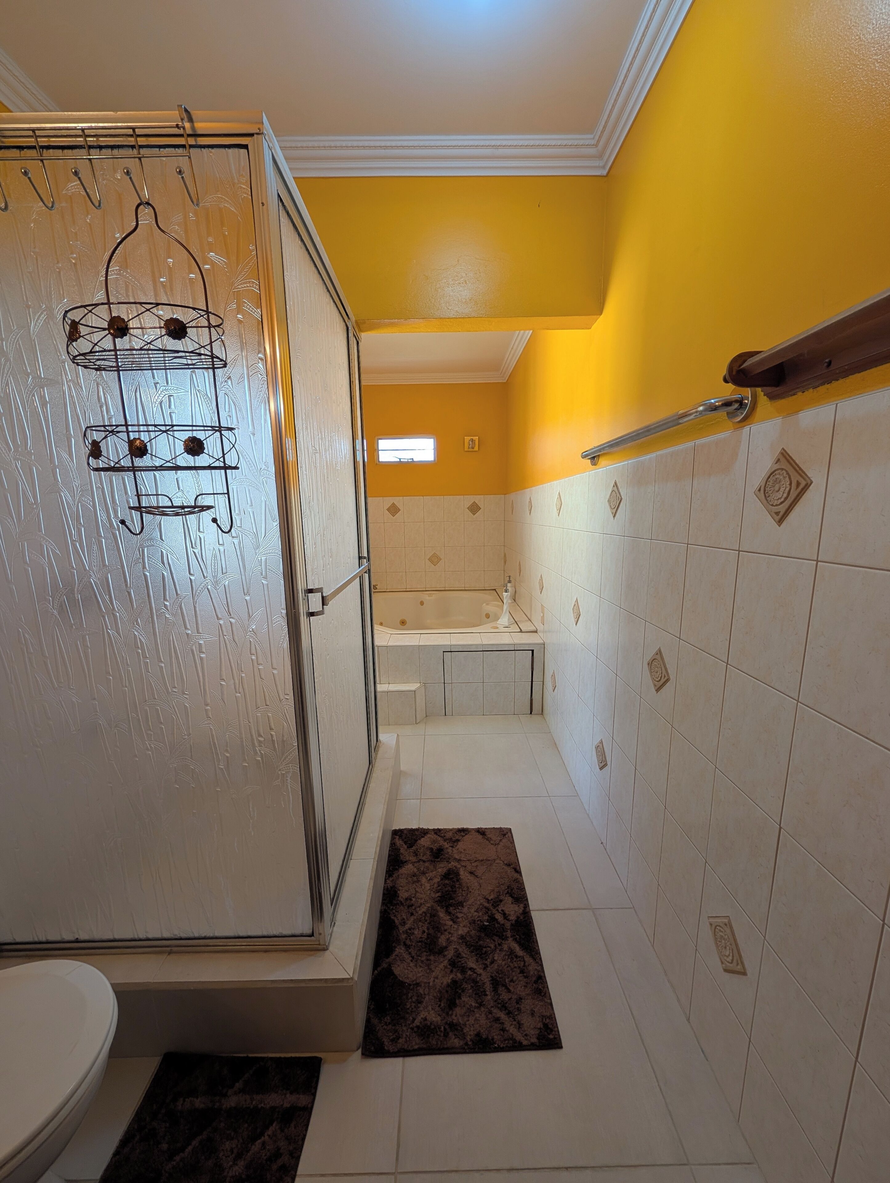 Shower, jetted tub, hair dryer, towels