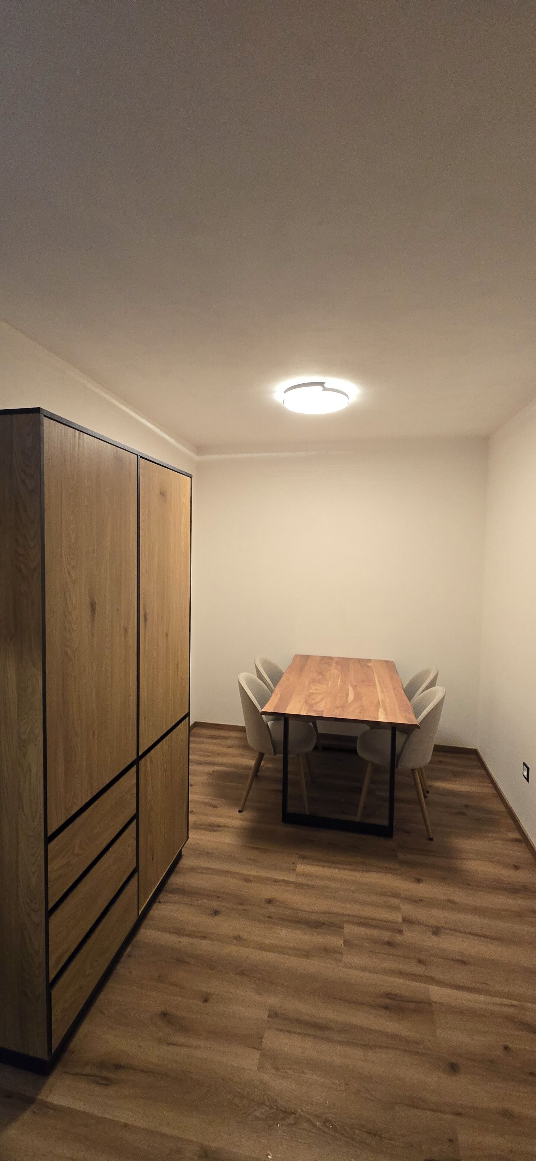 A room with a wooden dining table, chairs, a wardrobe, and a ceiling light.