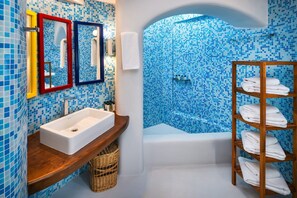 Shower, towels, soap, shampoo - Villa Almyra, Divine Sea Views, Private Pool, Furnished Terrace, Indoor. (Santorini)