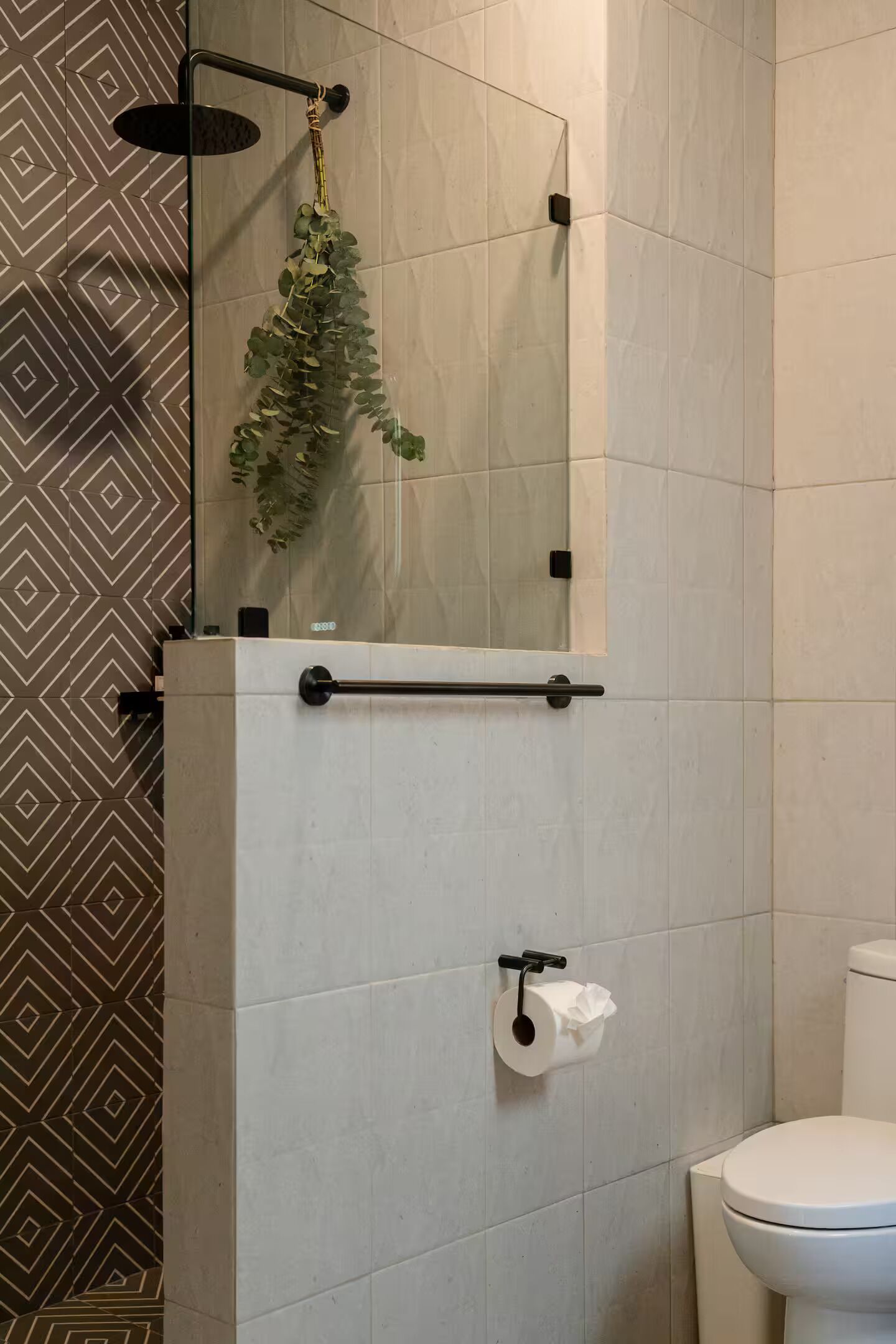 Une salle de bain équipée d’une douche, de toilettes et d’un porte-serviettes.