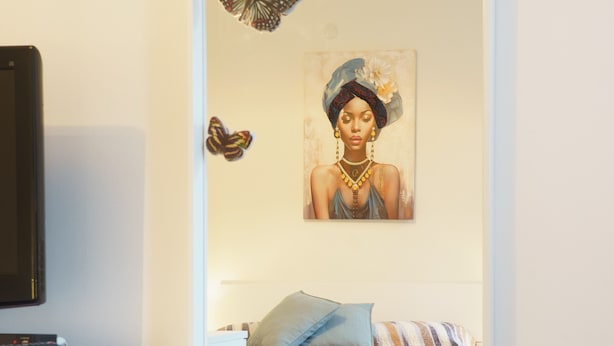 A bedroom with a bed, a TV, and wall decorations including butterflies and a painting. - Pordenone historic center (Pordenone)