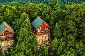Zwei Holzhütten mit grünen Dächern, umgeben von dichtem Wald.