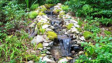 Una cascada pequeña en un jardín exuberante, con rocas y musgo.