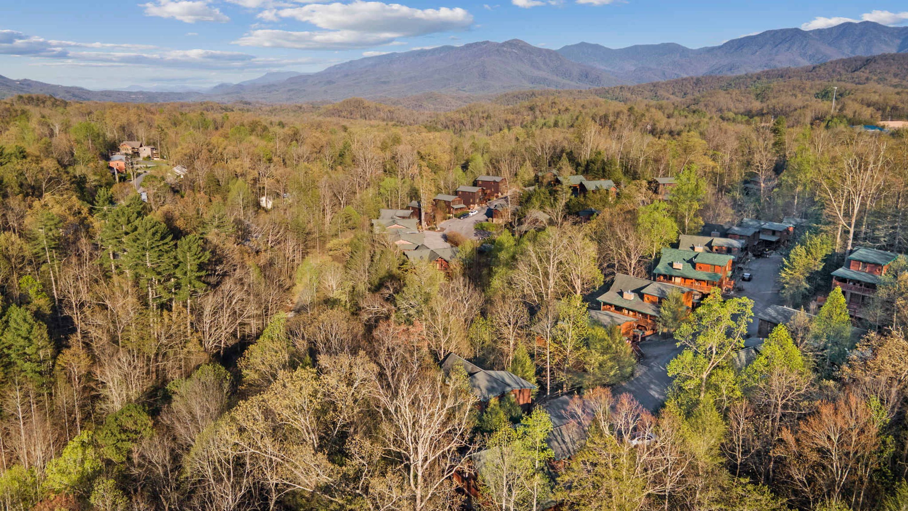 Un resort con varias cabañas rodeado de un bosque denso y montañas al fondo.