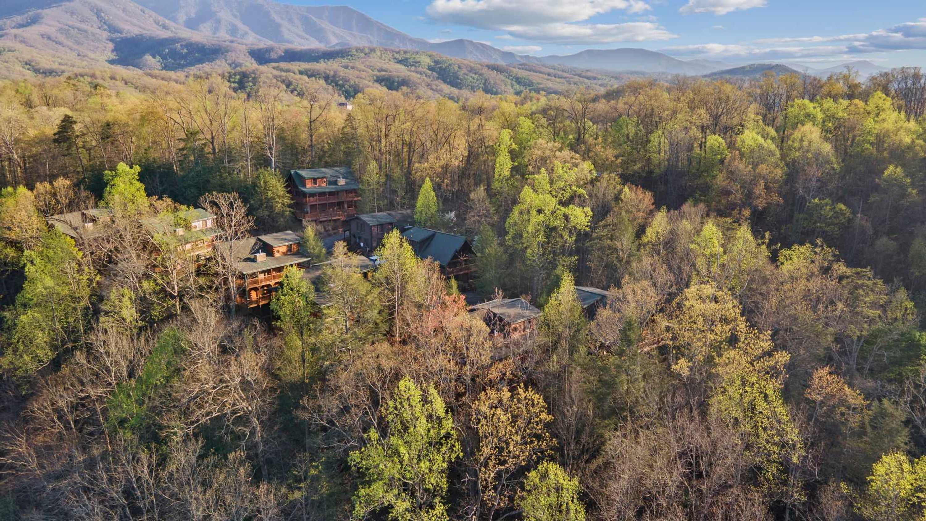 Una cabaña rodeada de un bosque denso con varias construcciones, probablemente parte de un albergue o complejo turístico.