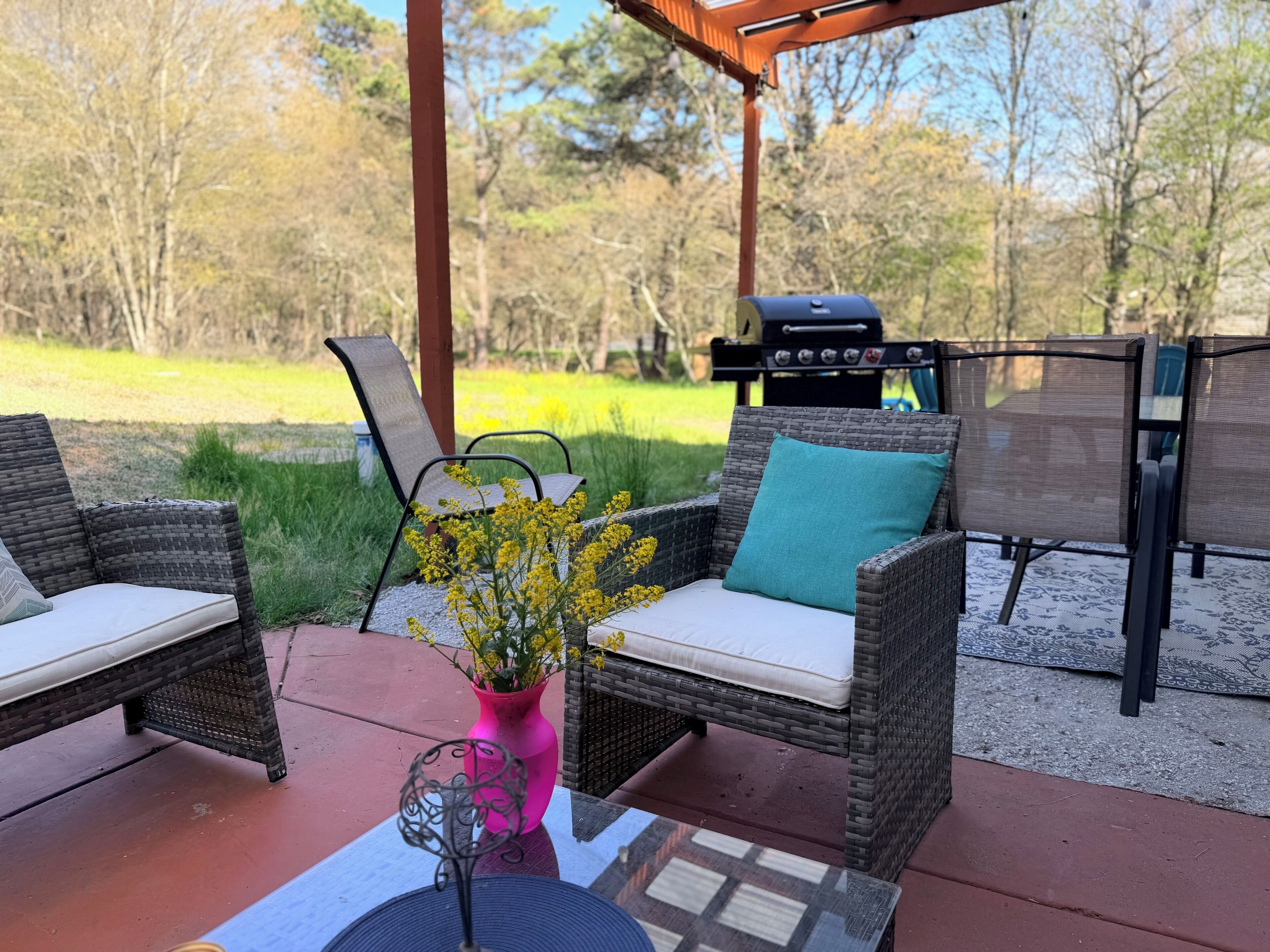 Un patio exterior con muebles de mimbre, un jarrón rosa con flores y una parrilla al fondo.