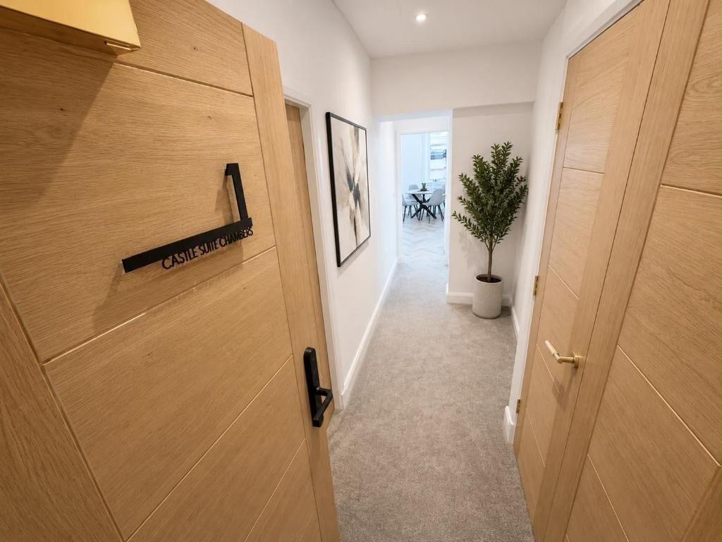 A hallway with wooden doors, a potted plant, and a framed picture on the wall.