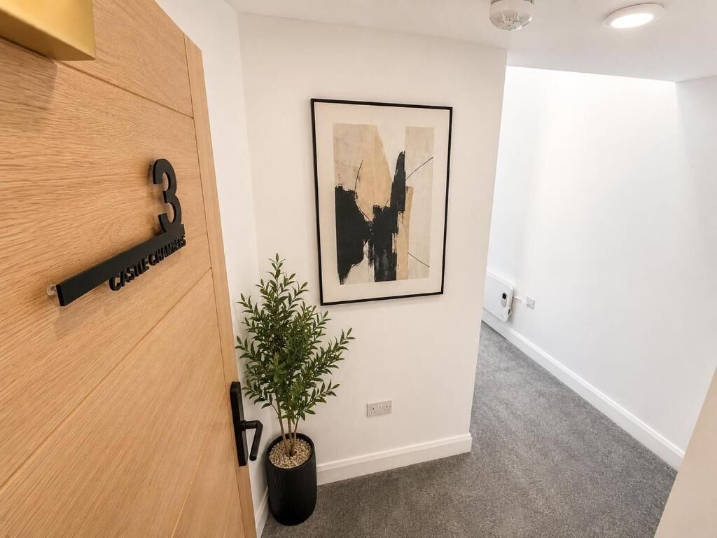 A hallway with a wooden door labeled '3', a framed abstract painting, and a potted plant.