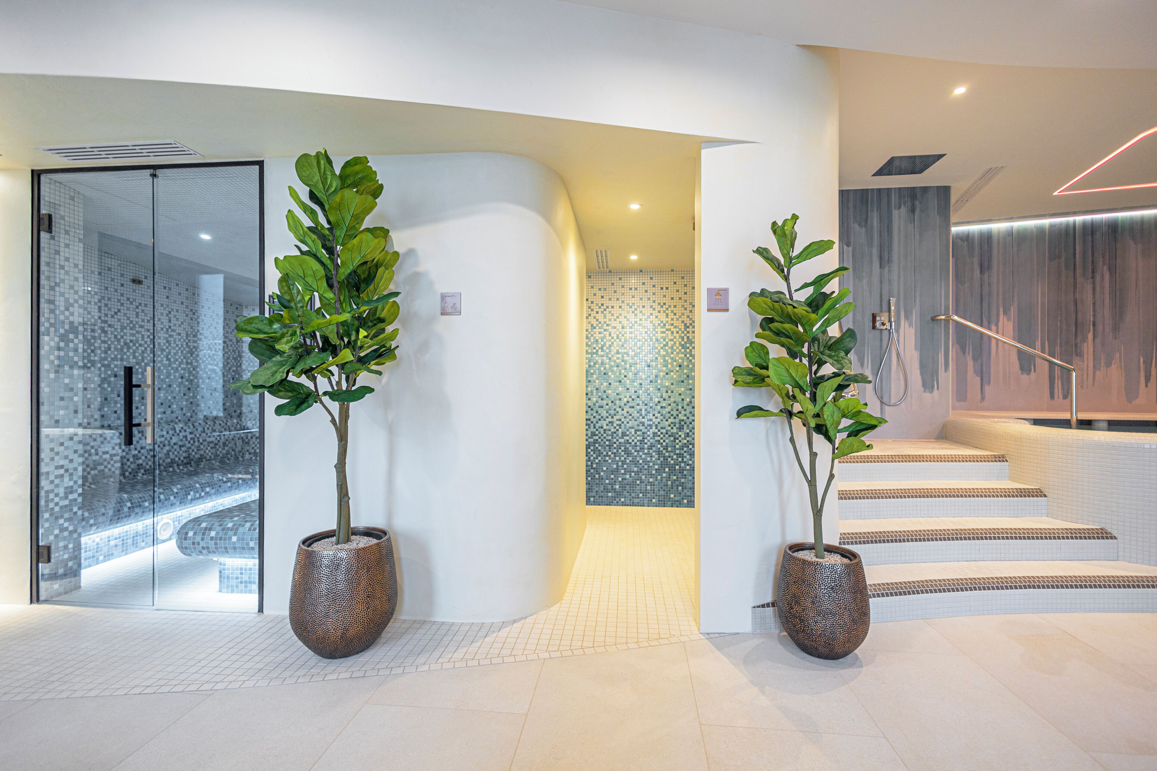 Un interior moderno con entrada de puerta de cristal, una pared curva y una escalera con barandilla metálica.