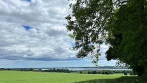 A rural landscape with a field, trees, and a cloudy sky.