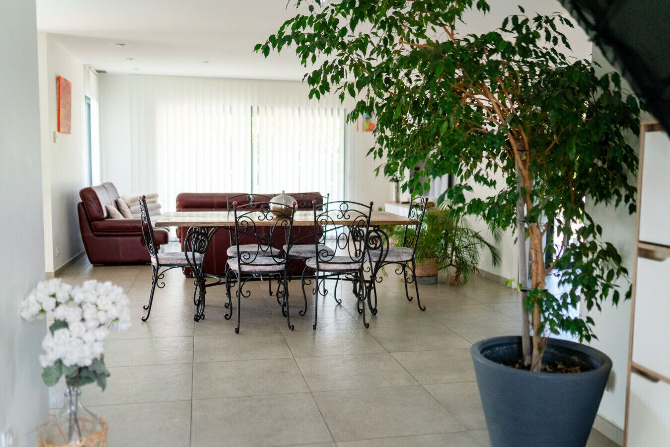 A dining area with a table and chairs, a sofa, and a potted plant.