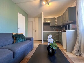 Una sala de estar con un sofá, una mesa de centro con un florero, y una zona de cocina con armarios y electrodomésticos.