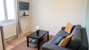 Una sala de estar con un sofá, una mesa de centro, un televisor de pantalla plana en la pared y un radiador.