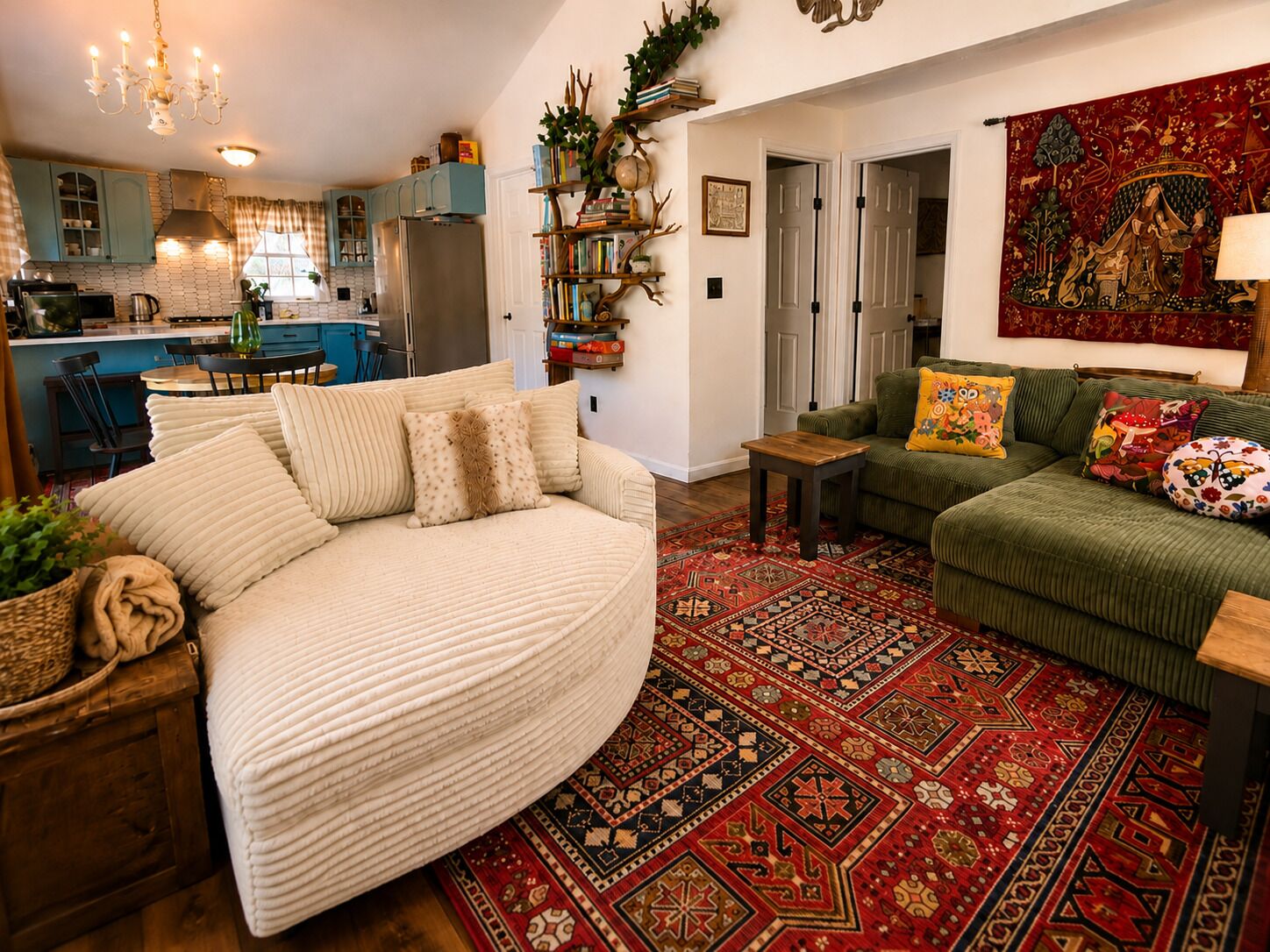 Smart TV, fireplace, books