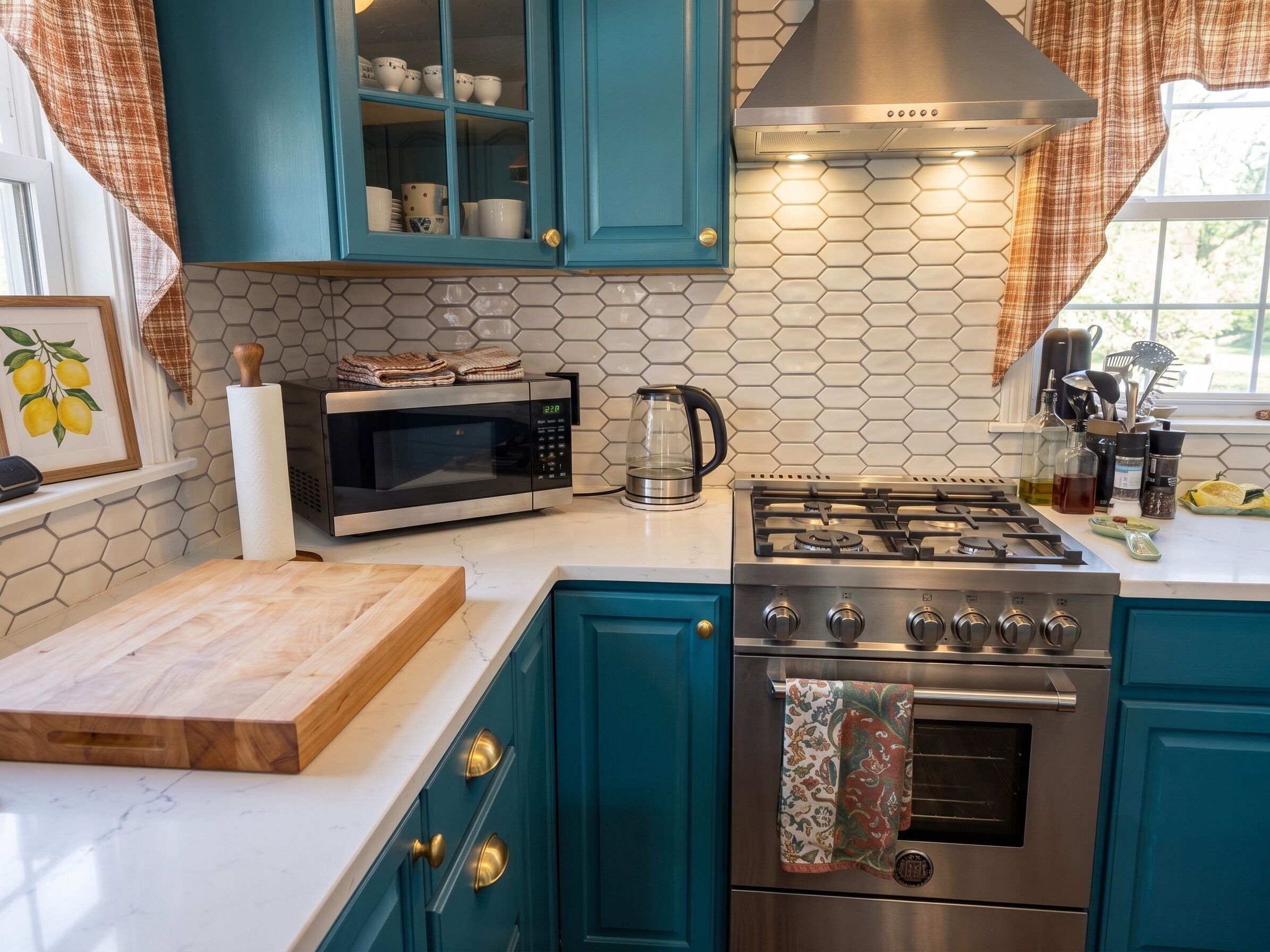 A kitchen with teal cabinets, a stainless steel stove, a microwave, and a hexagonal tile backsplash.