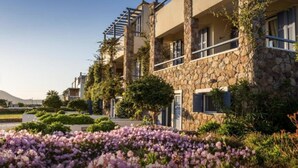 Ein mehrstöckiges Hotel mit Steinfassade und Balkonen, umgeben von begrünten Gärten mit violetten Blumen.