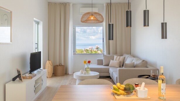Un salon moderne avec un canapé, un téléviseur, une table à manger ornée de fruits et d’une bouteille, et une fenêtre donnant sur un beau paysage.