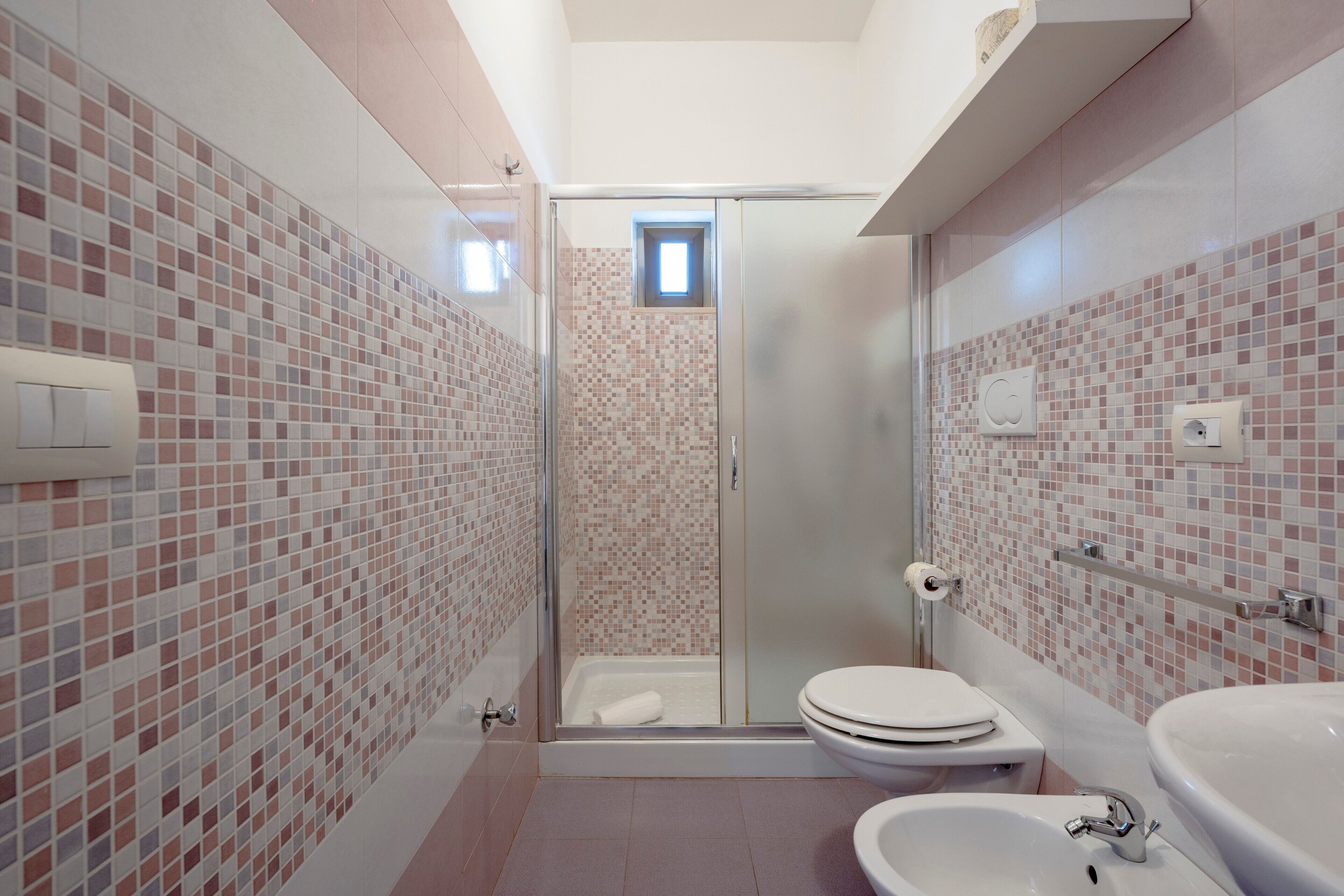 Shower, hair dryer, towels