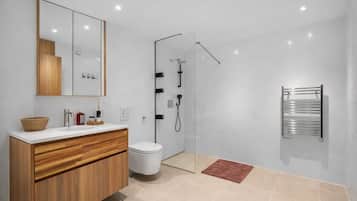 Secadora de cabello, toallas, jabón, papel de baño