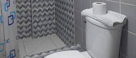 Shower, free toiletries, hair dryer, towels