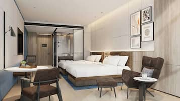 Quarto superior, 2 camas de casal, vista para a cidade