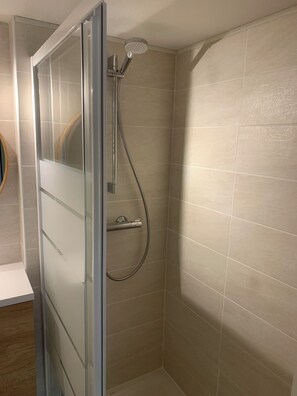 Shower, hair dryer, toilet paper
