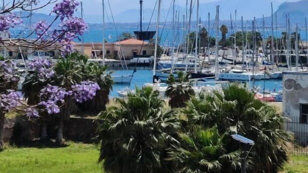 A marina with boats docked, surrounded by palm trees and purple flowers. - Mare Suite (Palermo)
