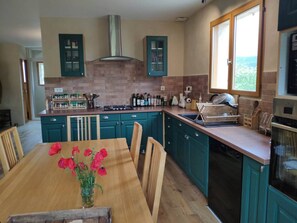 Eine moderne Küche mit türkisfarbenen Schränken, einem Holzespeisetisch mit Stühlen und einer Vase mit roten Blumen.