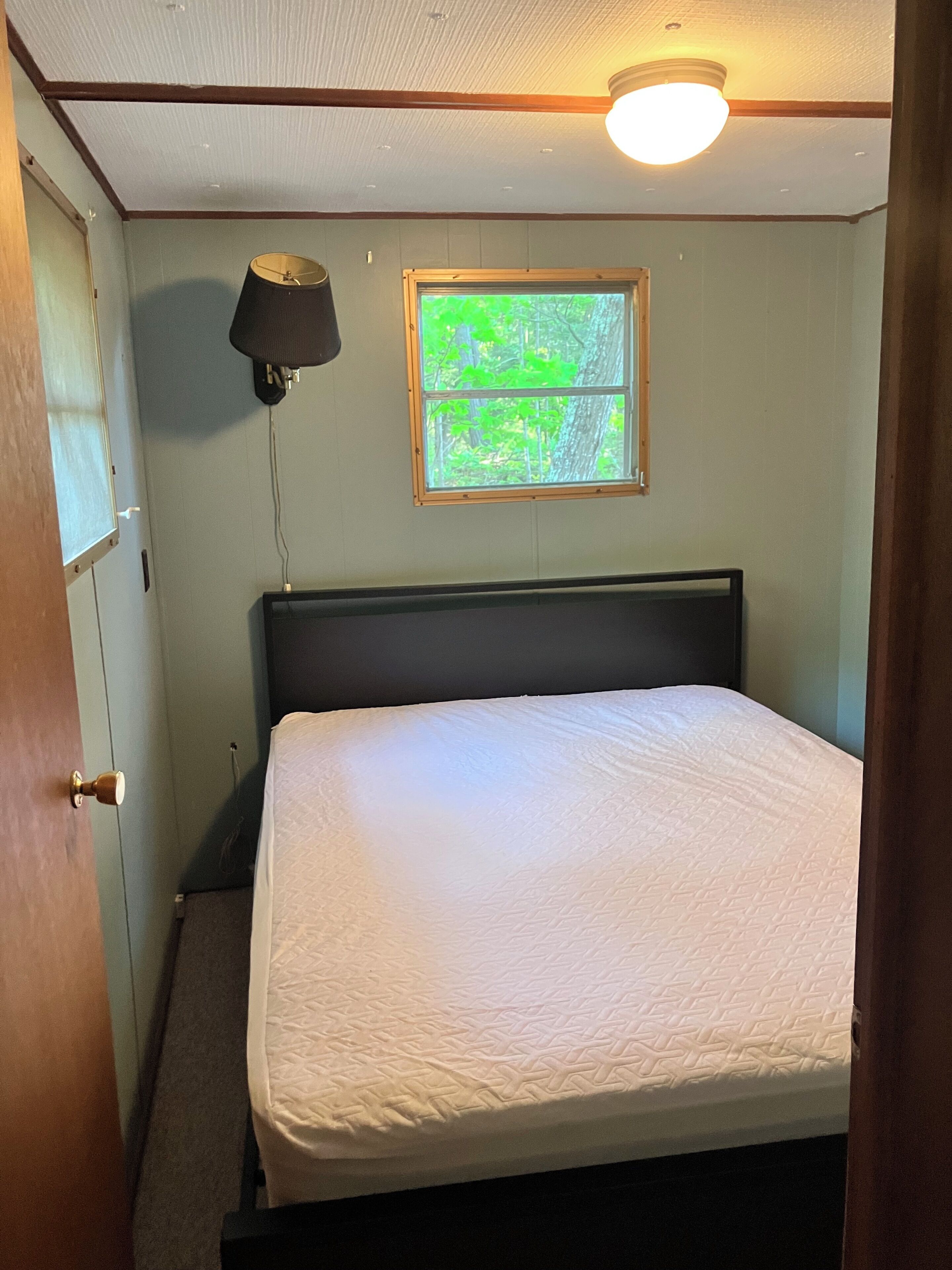 A bedroom with a bed, a window with a view of trees, a lamp, and a ceiling light.