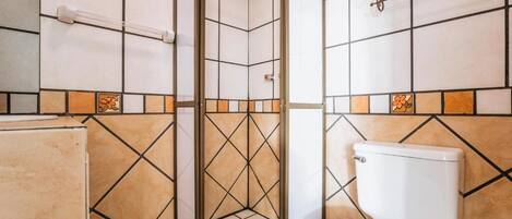A bathroom with a shower enclosure, a toilet, and a towel rack.
