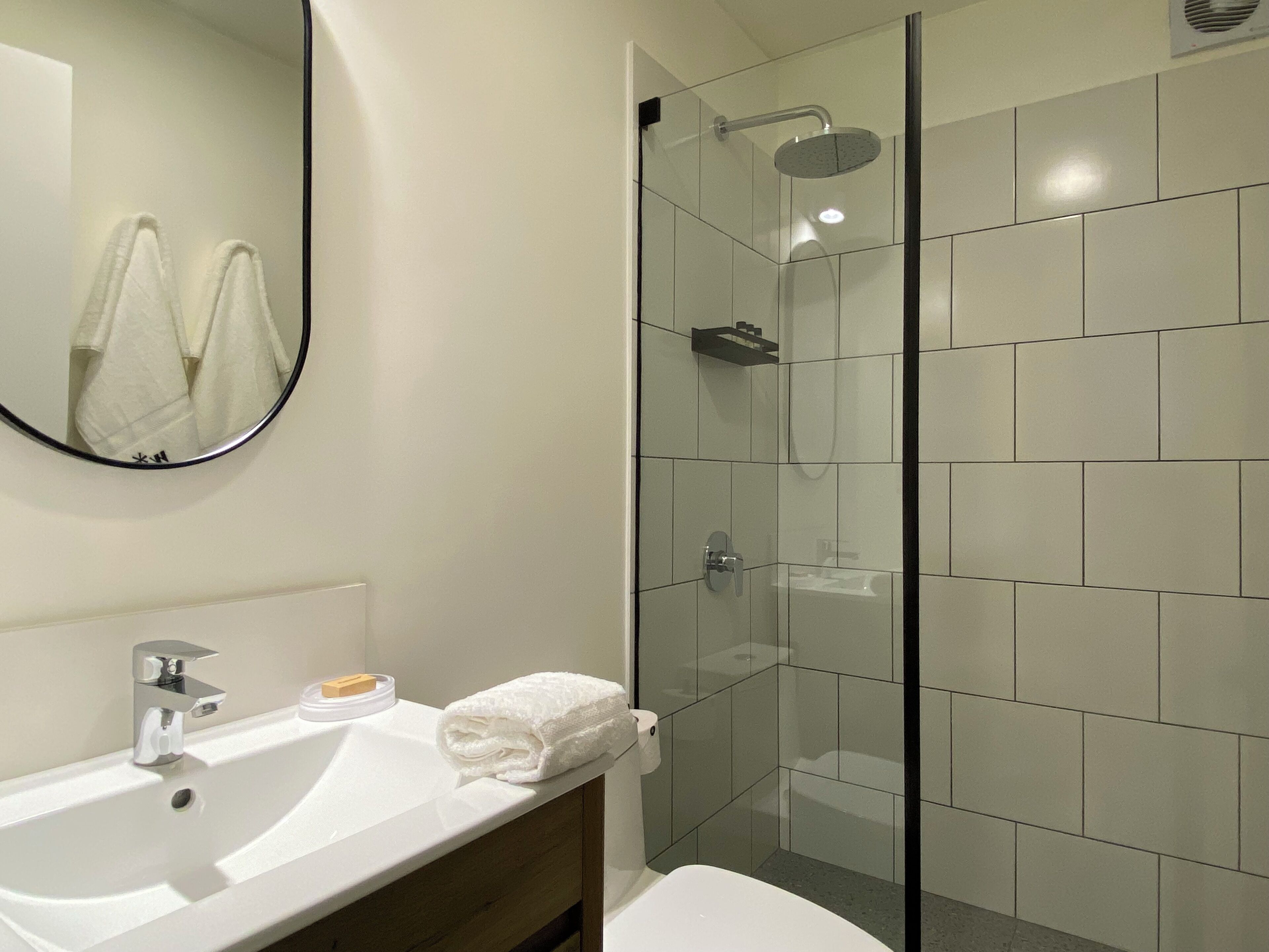 A modern bathroom with a glass-enclosed shower, a white sink, and a mirror.