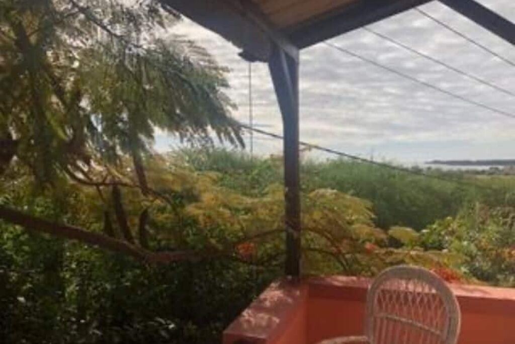 A covered outdoor area with a chair, surrounded by dense foliage and a distant view of a landscape.