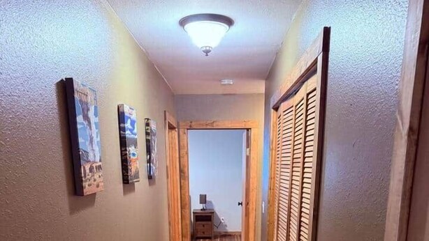 Un couloir doté d’un plancher en bois, d’un luminaire au plafond et d’une porte avec des volets à persiennes.