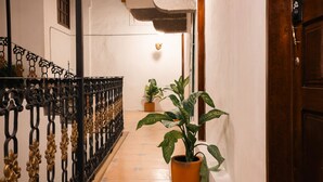 Een gang met een zwart ijzeren hekwerk, plantenbakken en een houten deur.