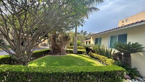 A well-maintained garden with manicured hedges, a palm tree, and a building with a tiled roof. - Cuernavaca In Sumiya San José: dream garden. (Jiutepec)