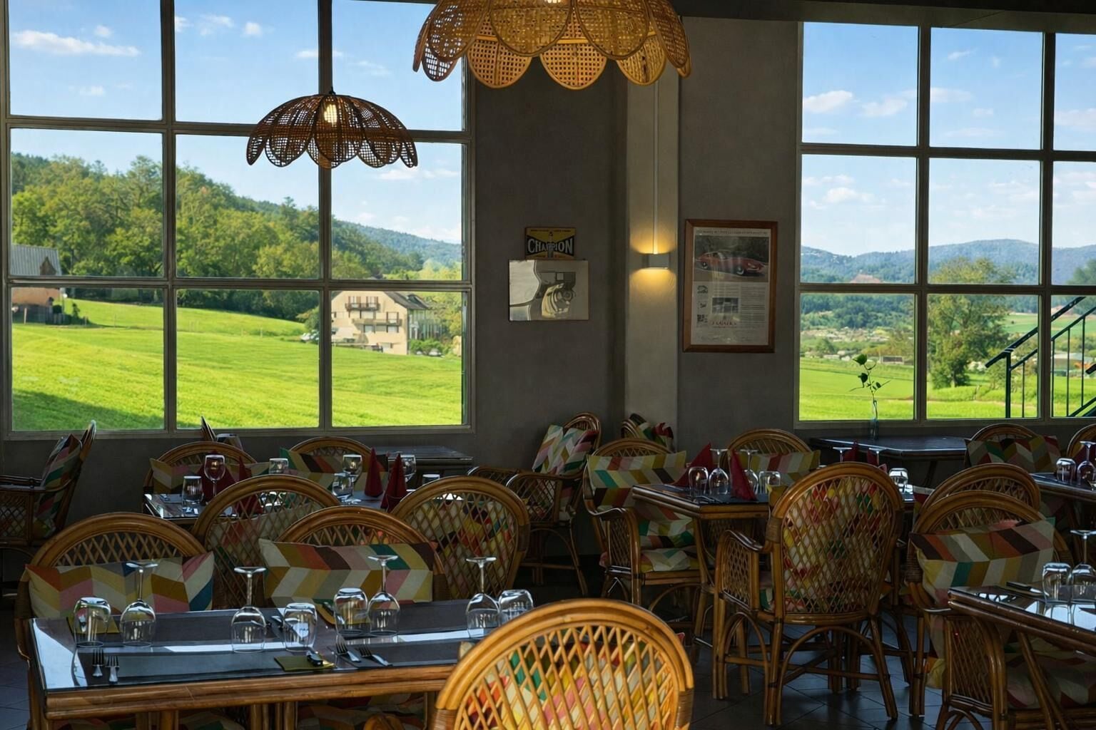 A restaurant with wicker chairs and tables, large windows with a view of green fields and hills.